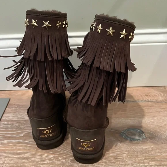 UGG×JIMMY CHOO スタッズ加工 フリンジムートンブーツ SORA アグ×ジミーチュウUGG×JIMMY CHOO スタースタッズフリンジ
